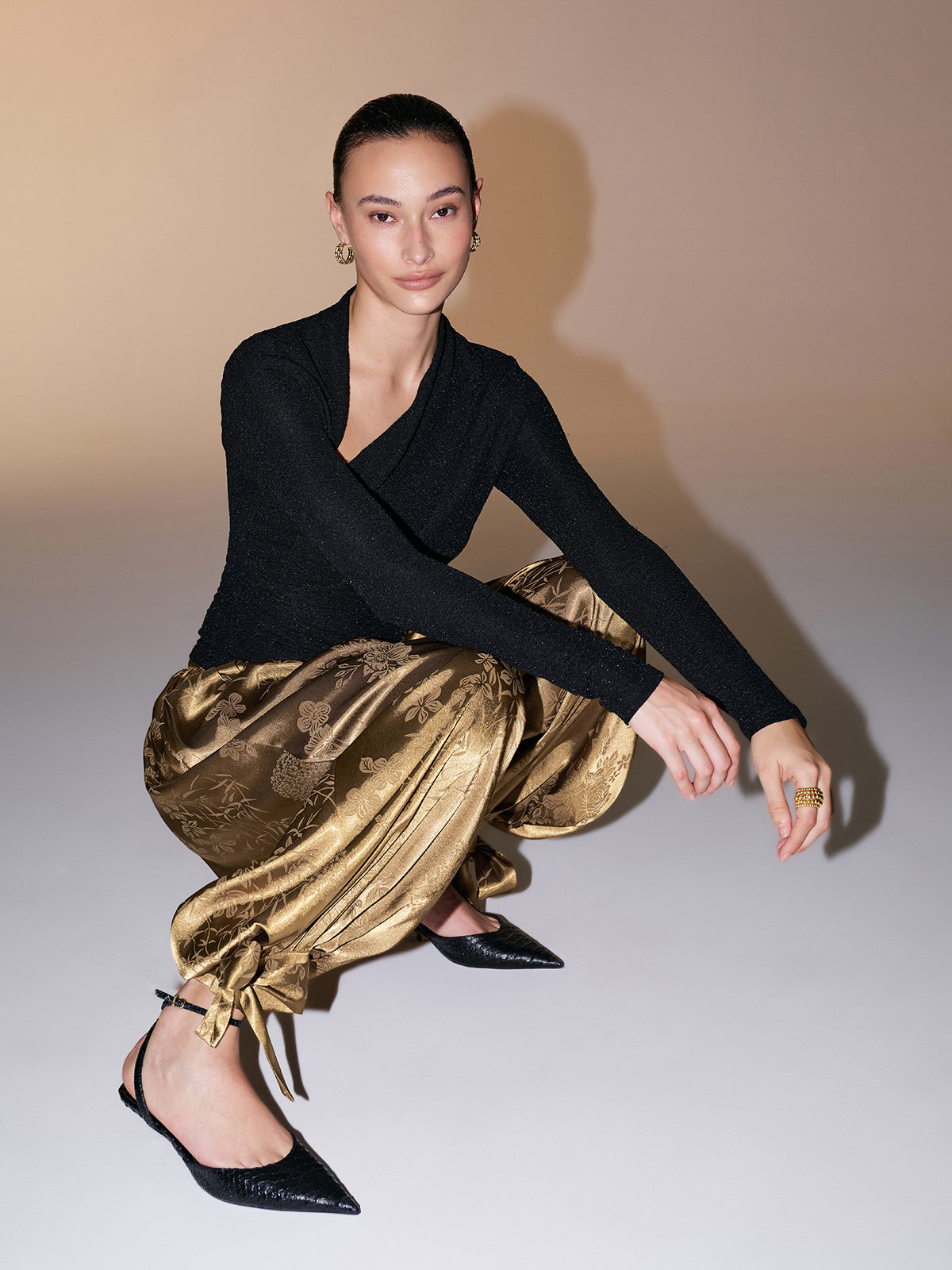 Tie-Cuff Satin Brocade Harem Pants