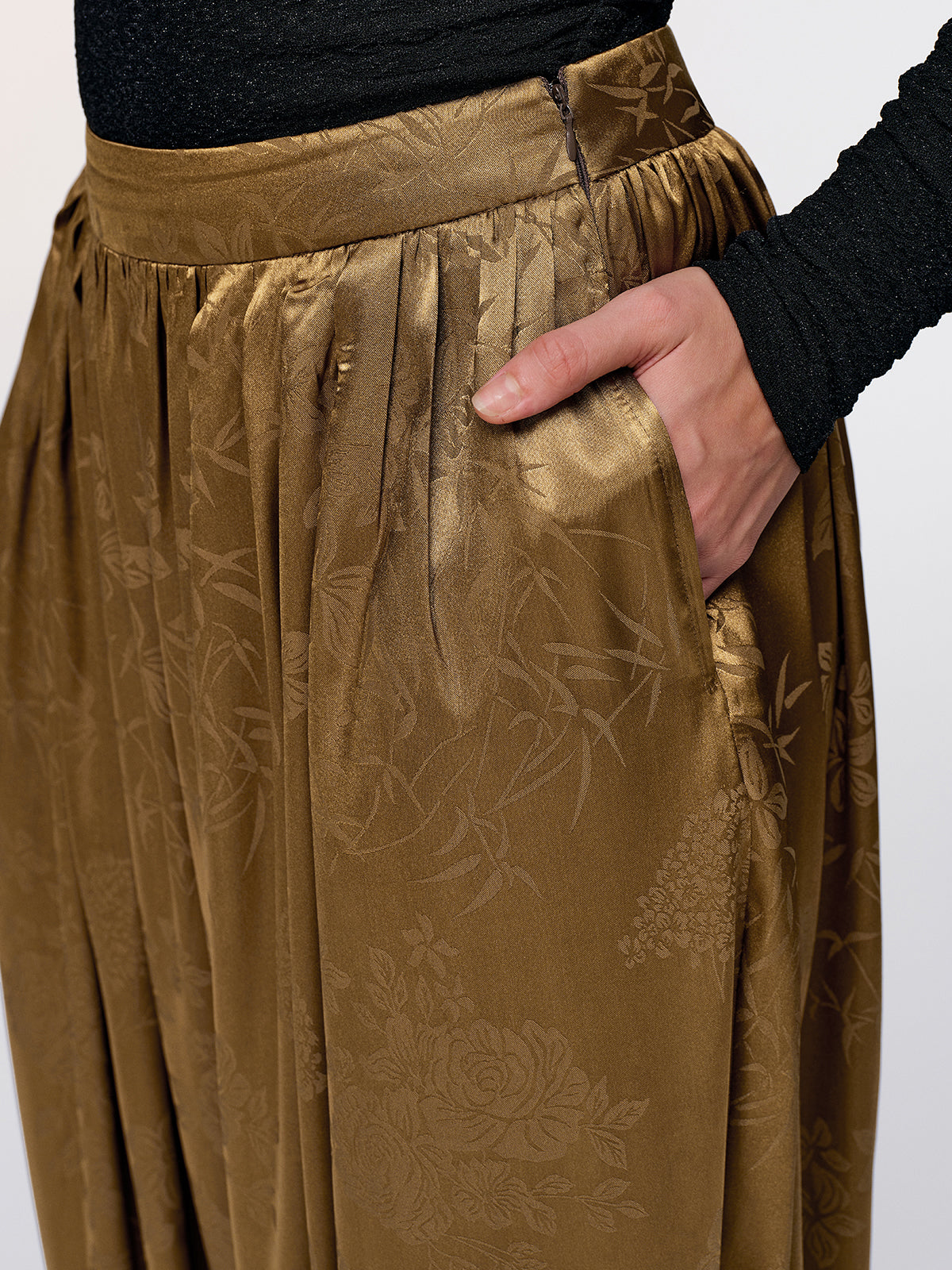 Tie-Cuff Satin Brocade Harem Pants