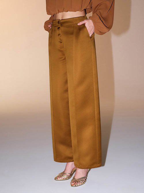 Button Detail Satin Wide-Leg Pants