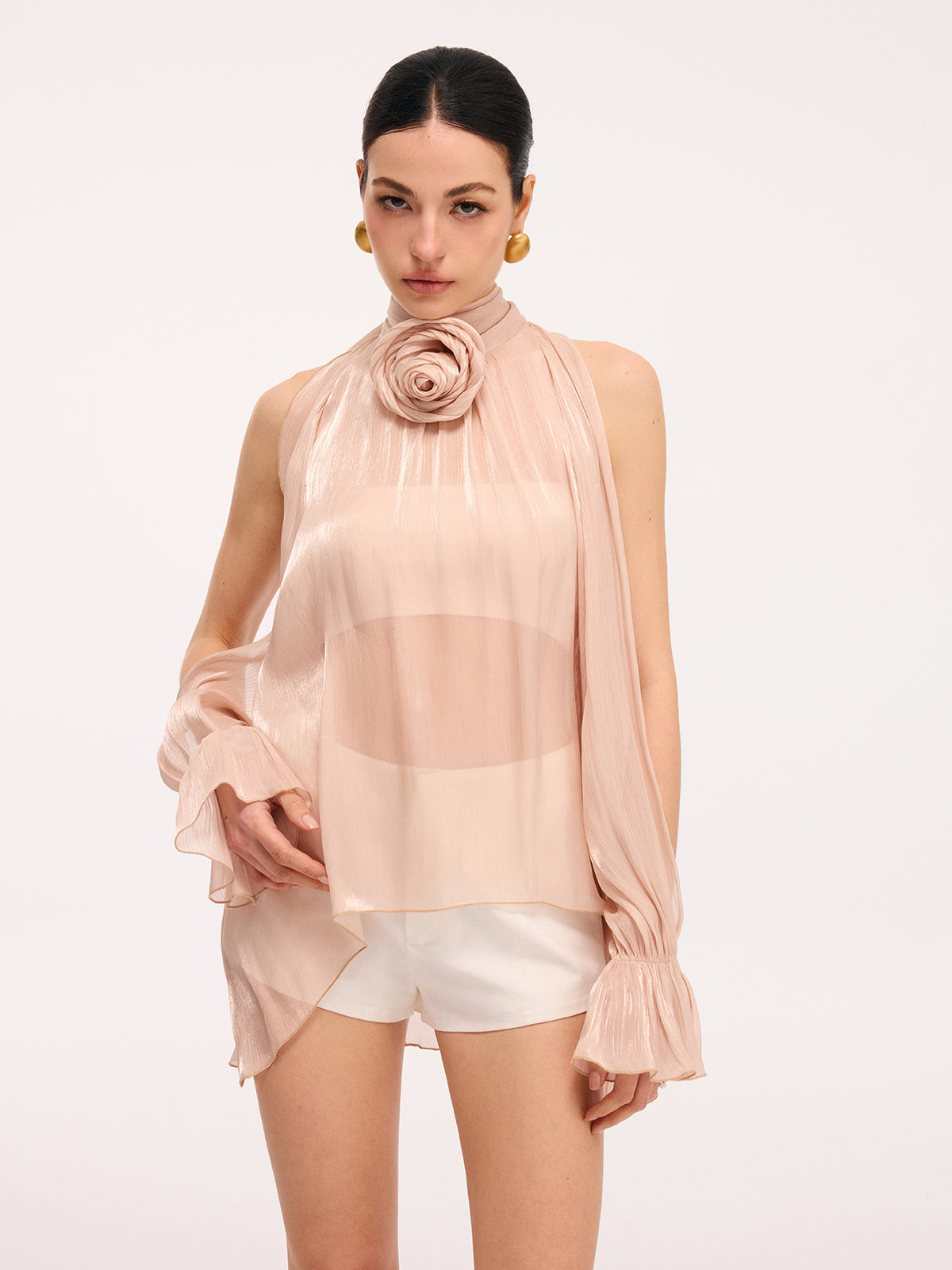 3D Rose Halter Neck Bell Sleeve Sheer Blouse