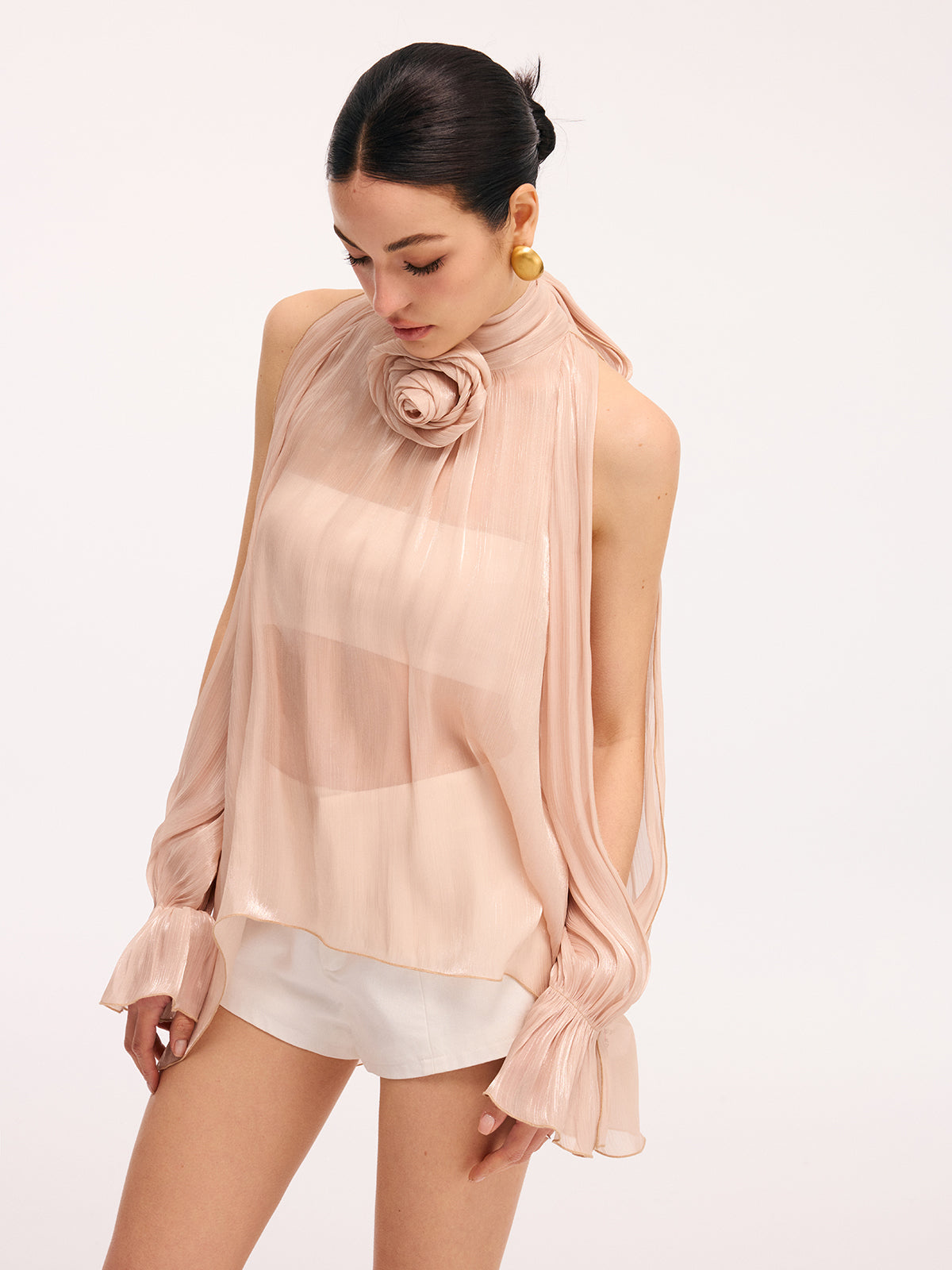 3D Rose Halter Neck Bell Sleeve Sheer Blouse