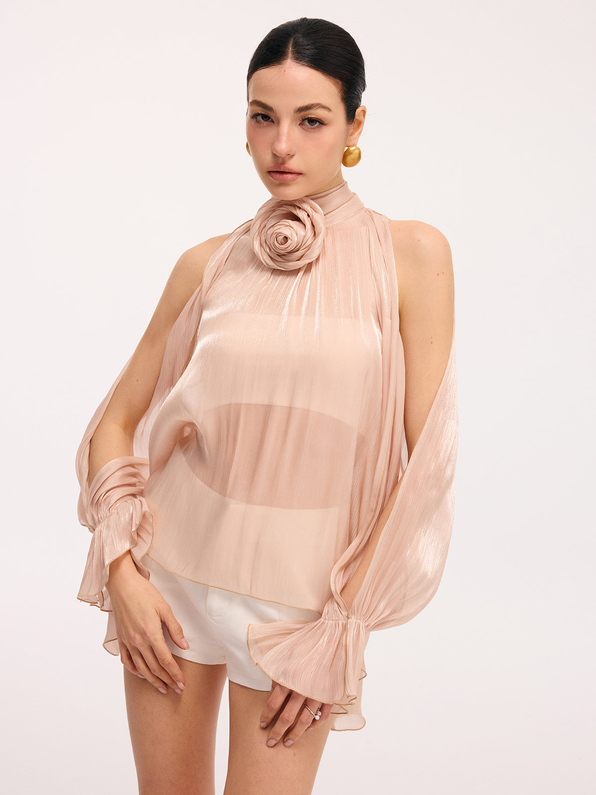 3D Rose Halter Neck Bell Sleeve Sheer Blouse