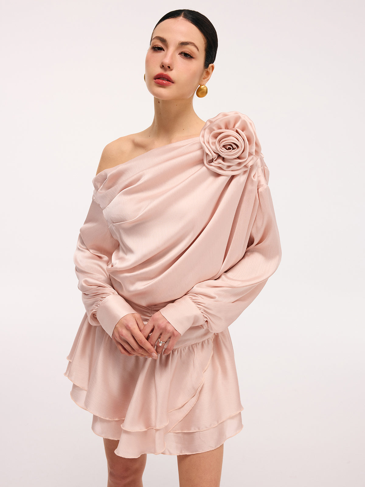 3D Rose One-Shoulder Top & Mini Skirt Set