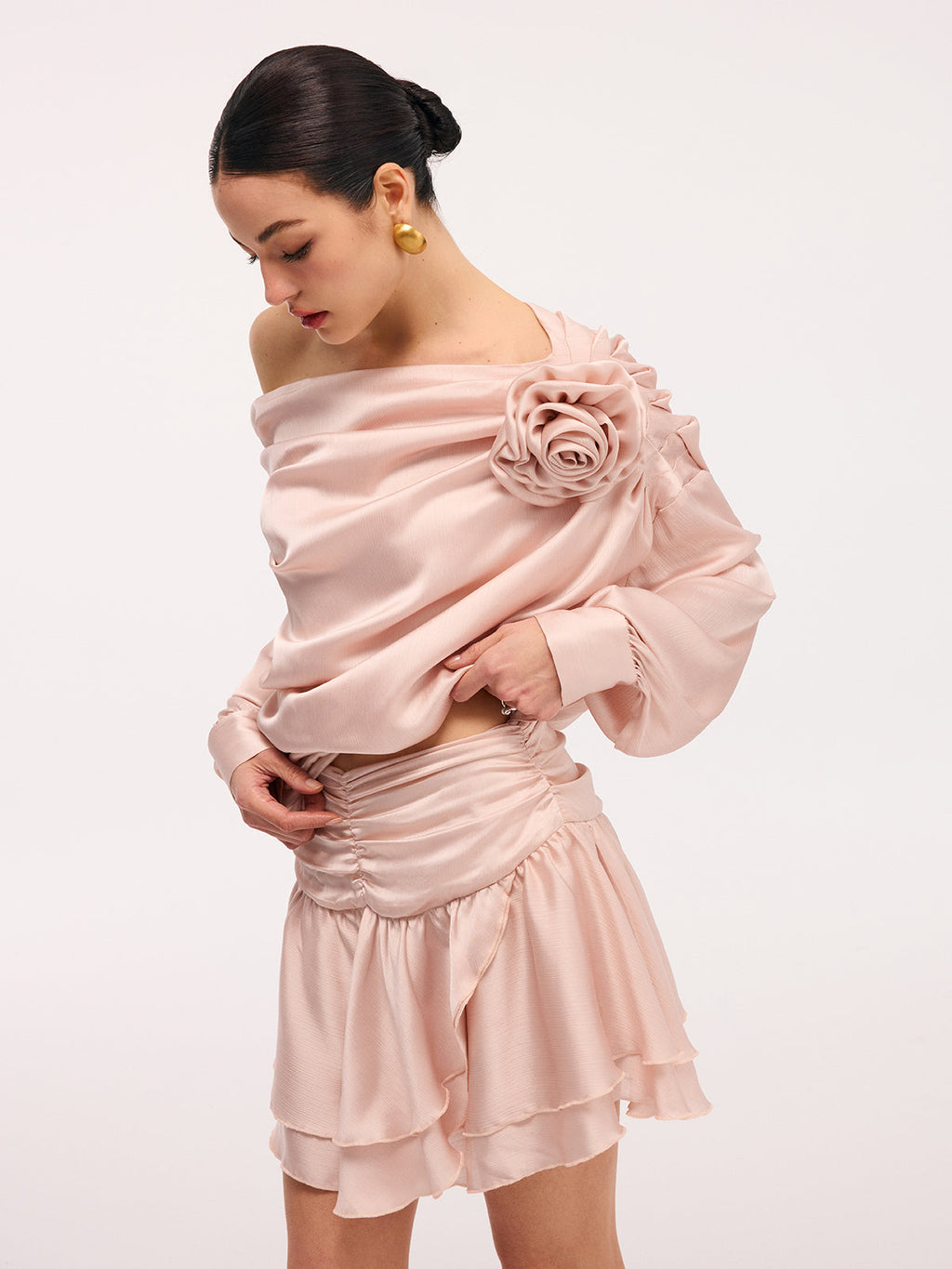 3D Rose One-Shoulder Top & Mini Skirt Set