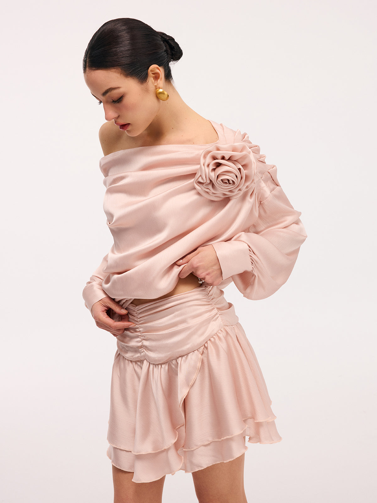 3D Rose One-Shoulder Top & Mini Skirt Set