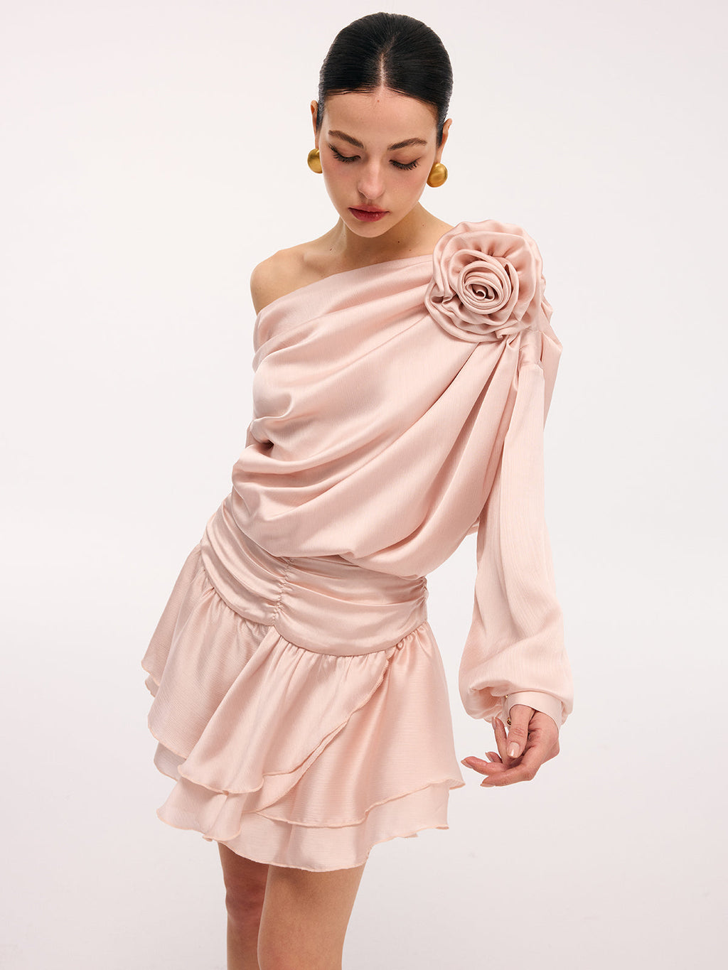 3D Rose One-Shoulder Top & Mini Skirt Set