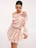 3D Rose One-Shoulder Top & Mini Skirt Set