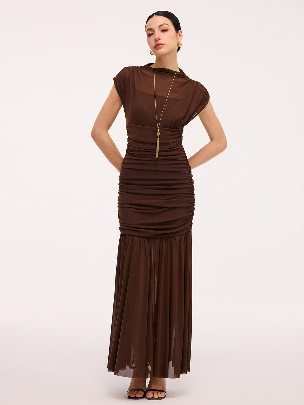 Semi-Sheer Ruched Mesh Cap Sleeve Maxi Dress