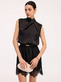 Lace Trim Satin Cross Neck Sleeveless Dress