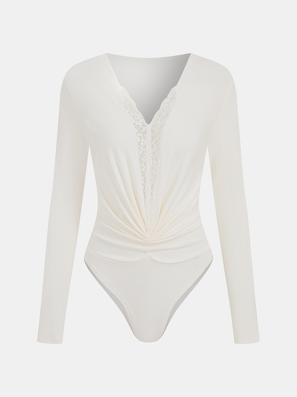 Long-Sleeve Lace Panel Ruched Bodysuit