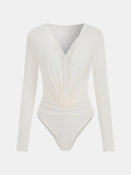 Long-Sleeve Lace Panel Ruched Bodysuit