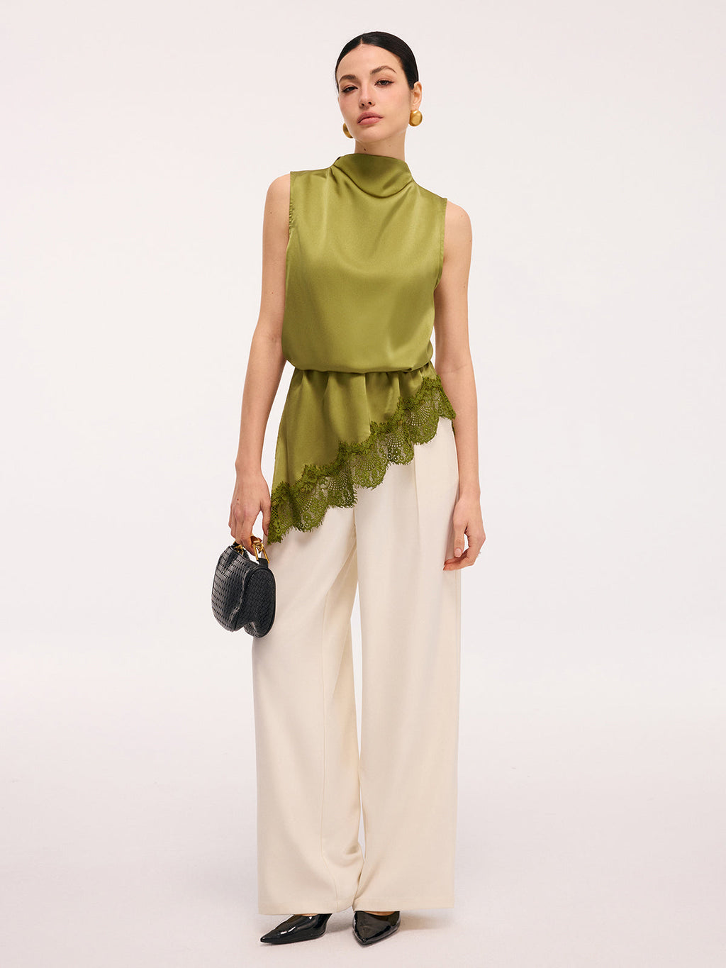 Lace Trim Satin Sleeveless Blouse