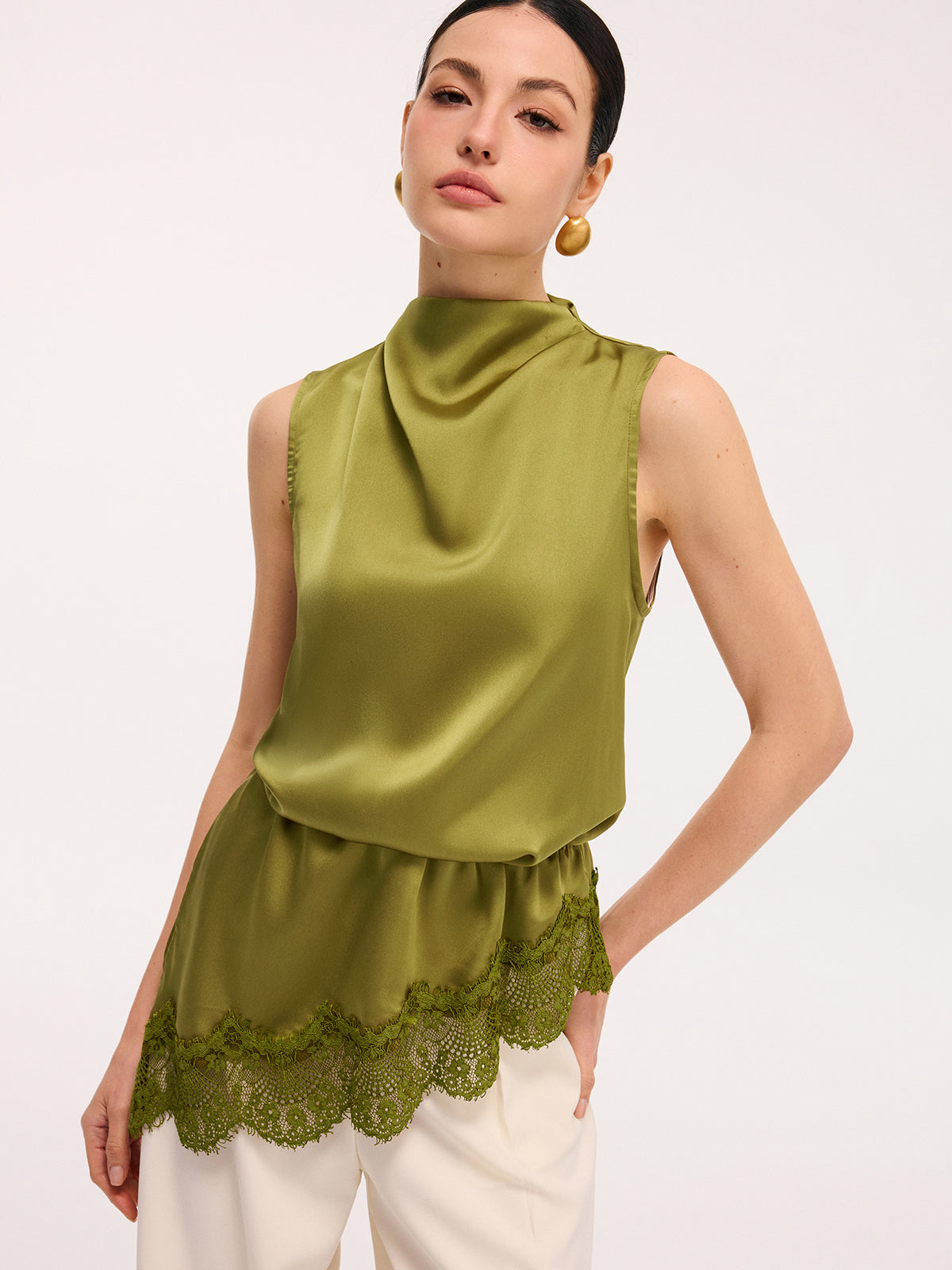 Lace Trim Satin Sleeveless Blouse