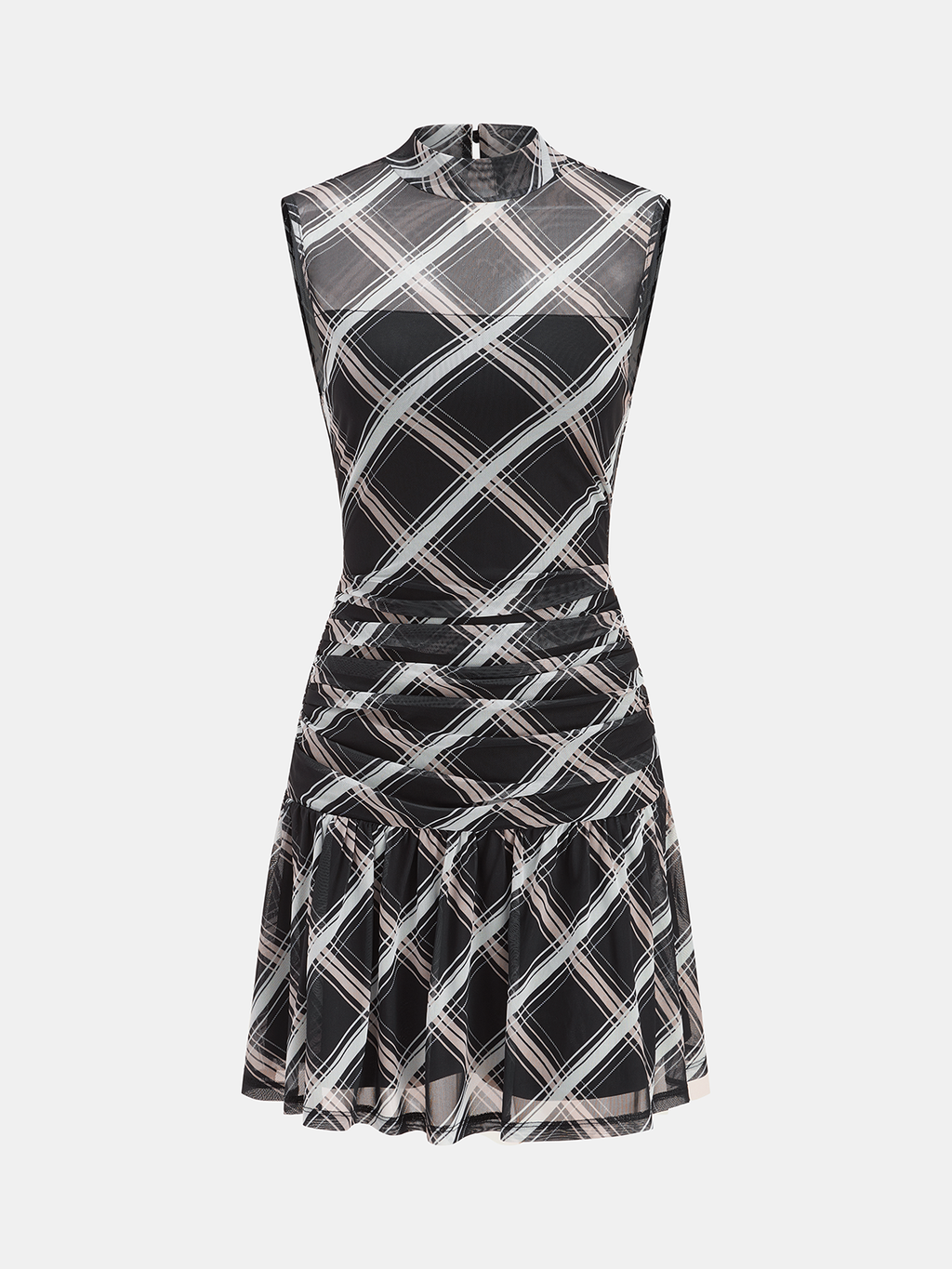 Mock Neck Ruffle Sheer Plaid Mini Dress
