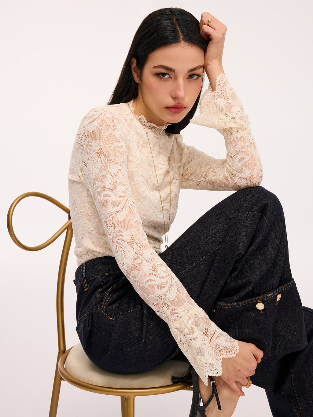 Lace Flared-Sleeve Mock Neck Bodysuit