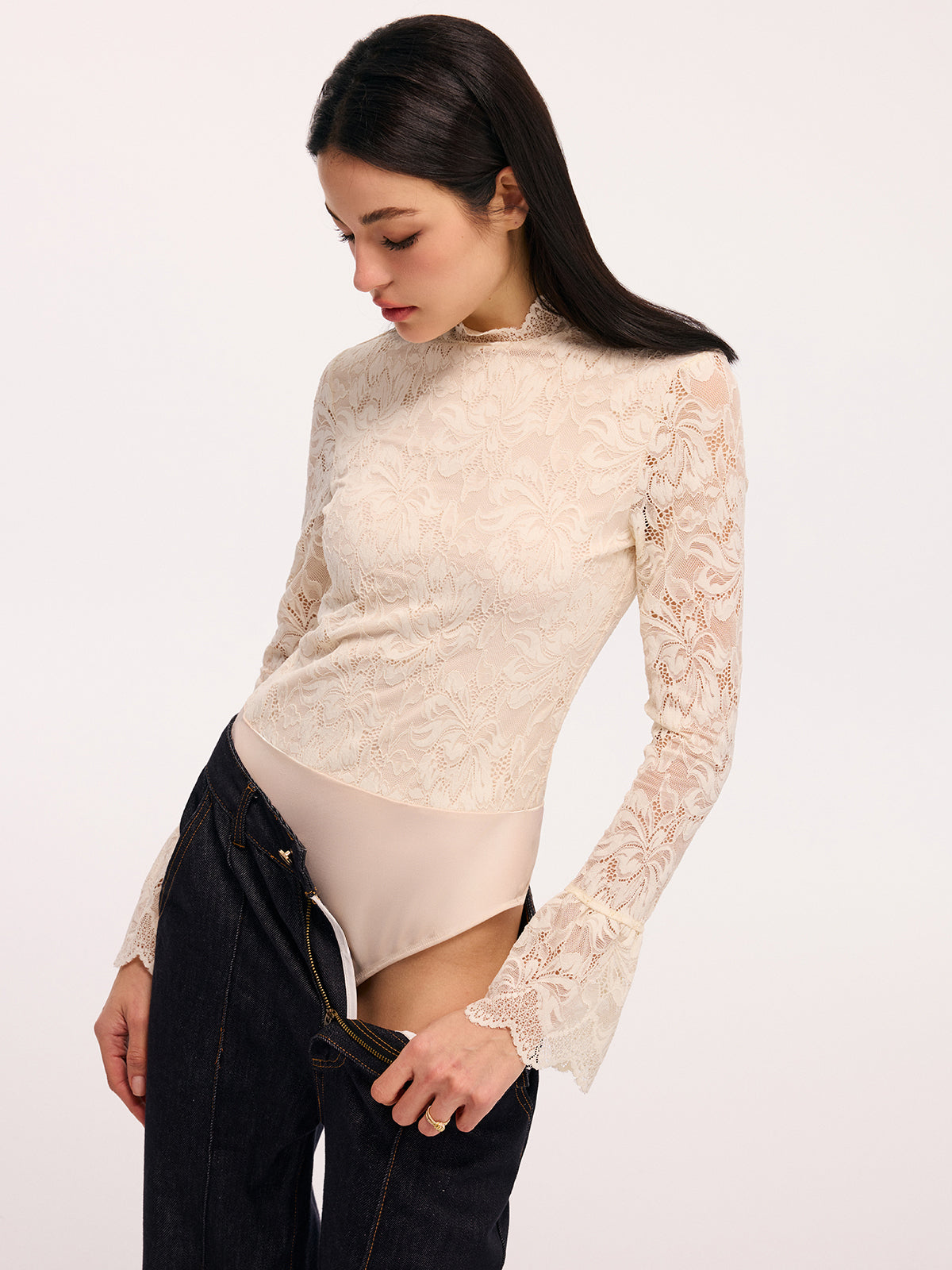 Lace Flared-Sleeve Mock Neck Bodysuit
