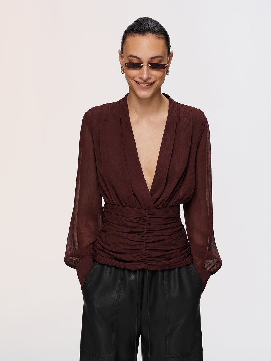 Semi-Sheer Ruched Deep V-Neck Blouse