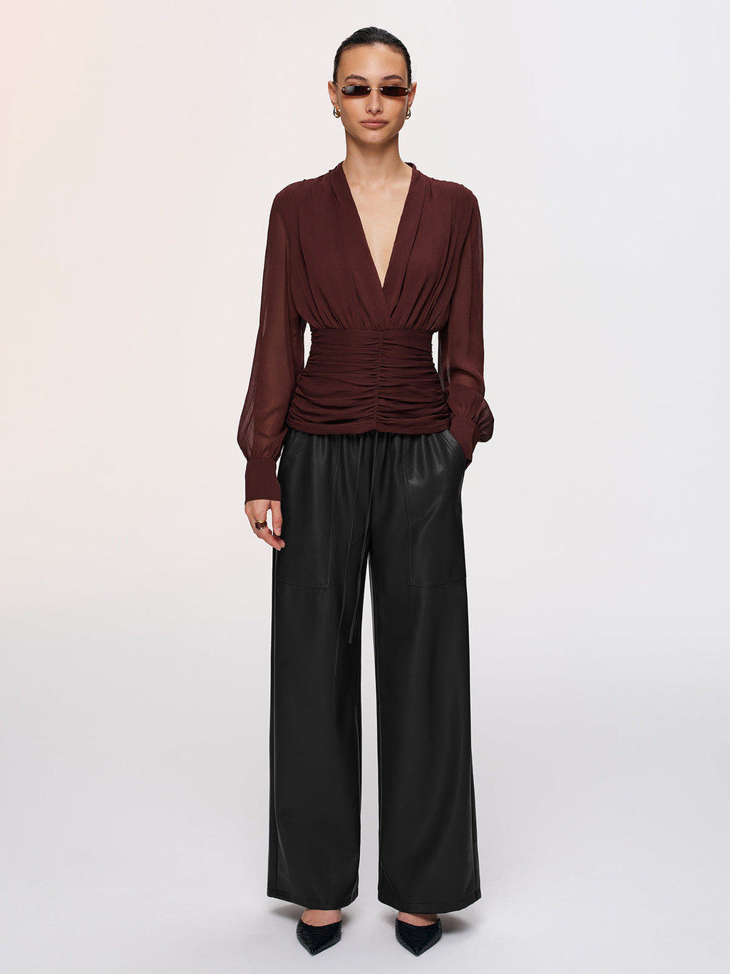 Semi-Sheer Ruched Deep V-Neck Blouse
