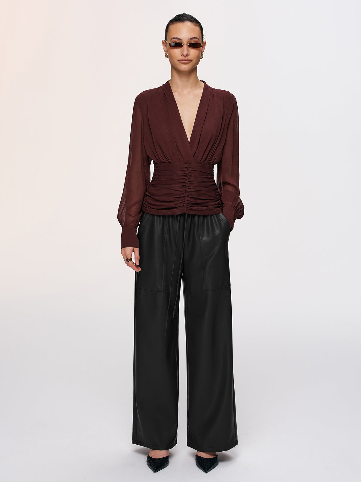 Semi-Sheer Ruched Deep V-Neck Blouse