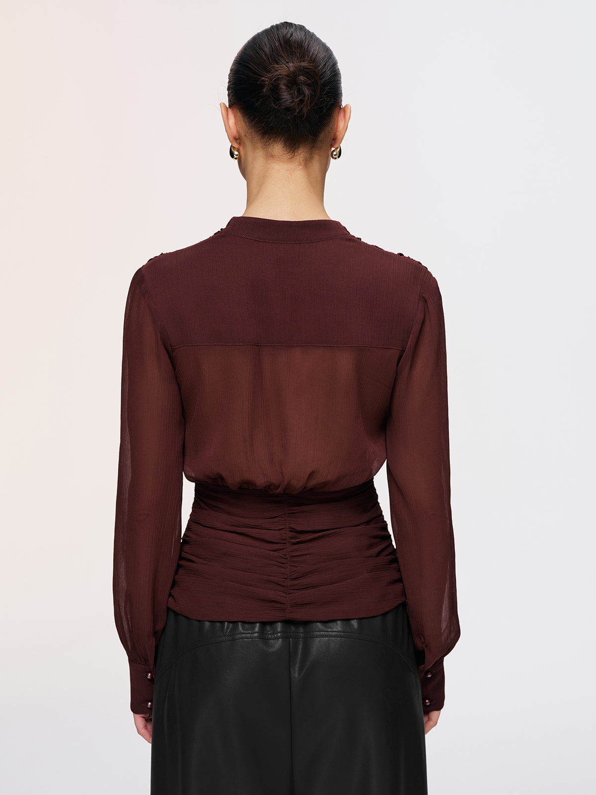 Semi-Sheer Ruched Deep V-Neck Blouse
