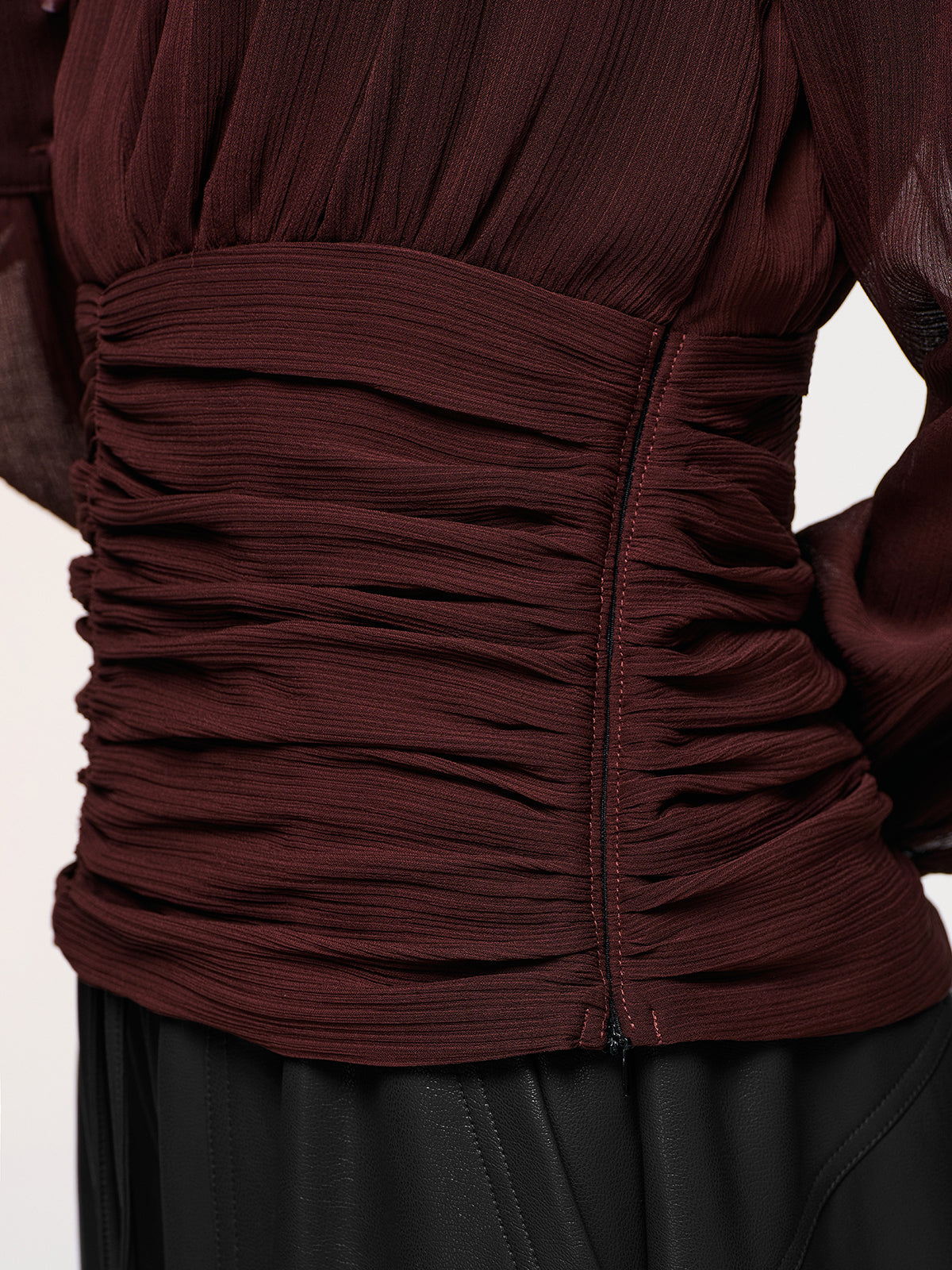 Semi-Sheer Ruched Deep V-Neck Blouse