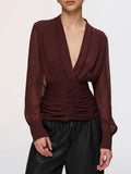 Semi-Sheer Ruched Deep V-Neck Blouse