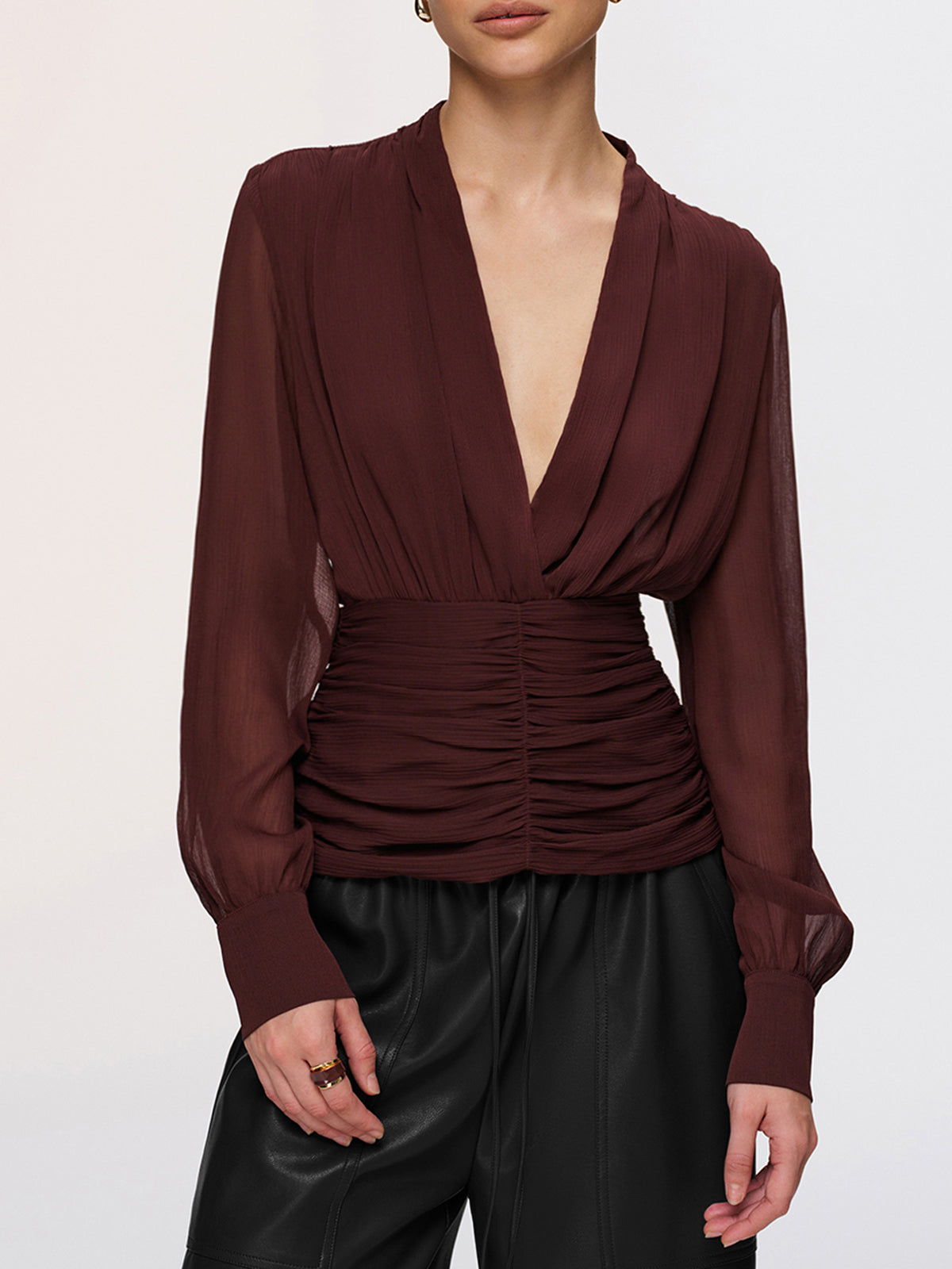 Semi-Sheer Ruched Deep V-Neck Blouse
