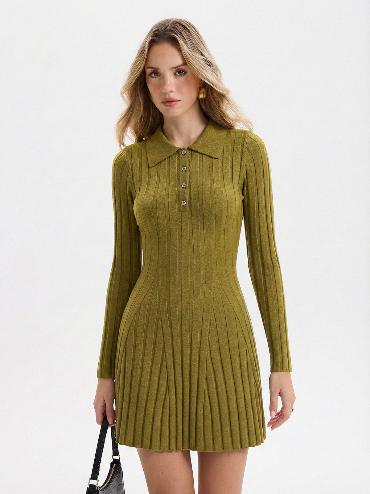 Wool-Blend Ribbed Polo Knit Mini Dress
