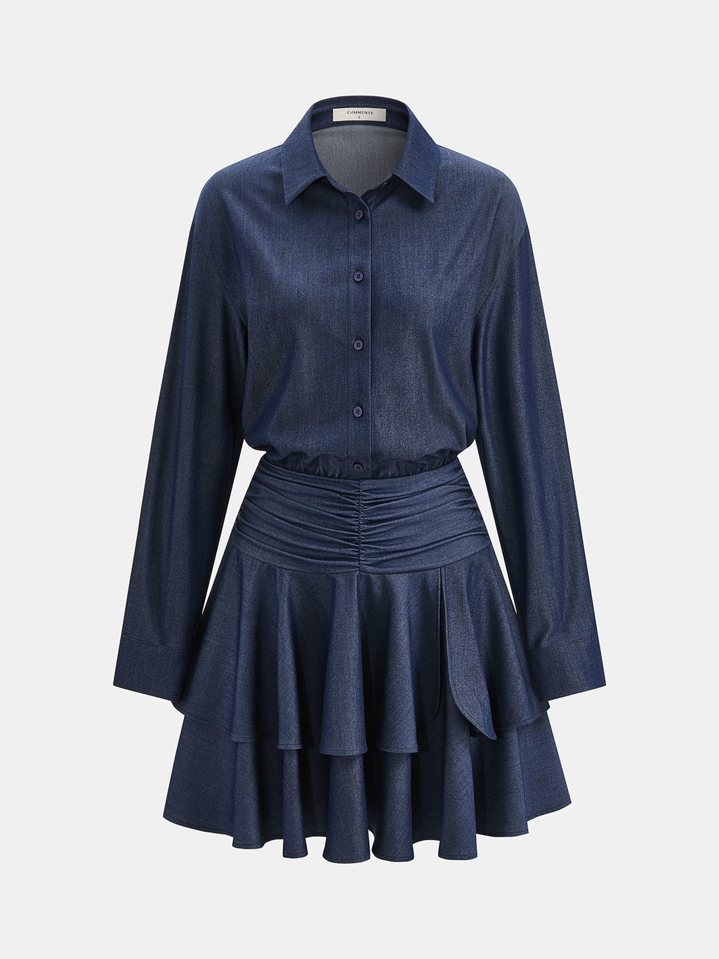 Layered Ruffle Hem Ruched Shirt Dress