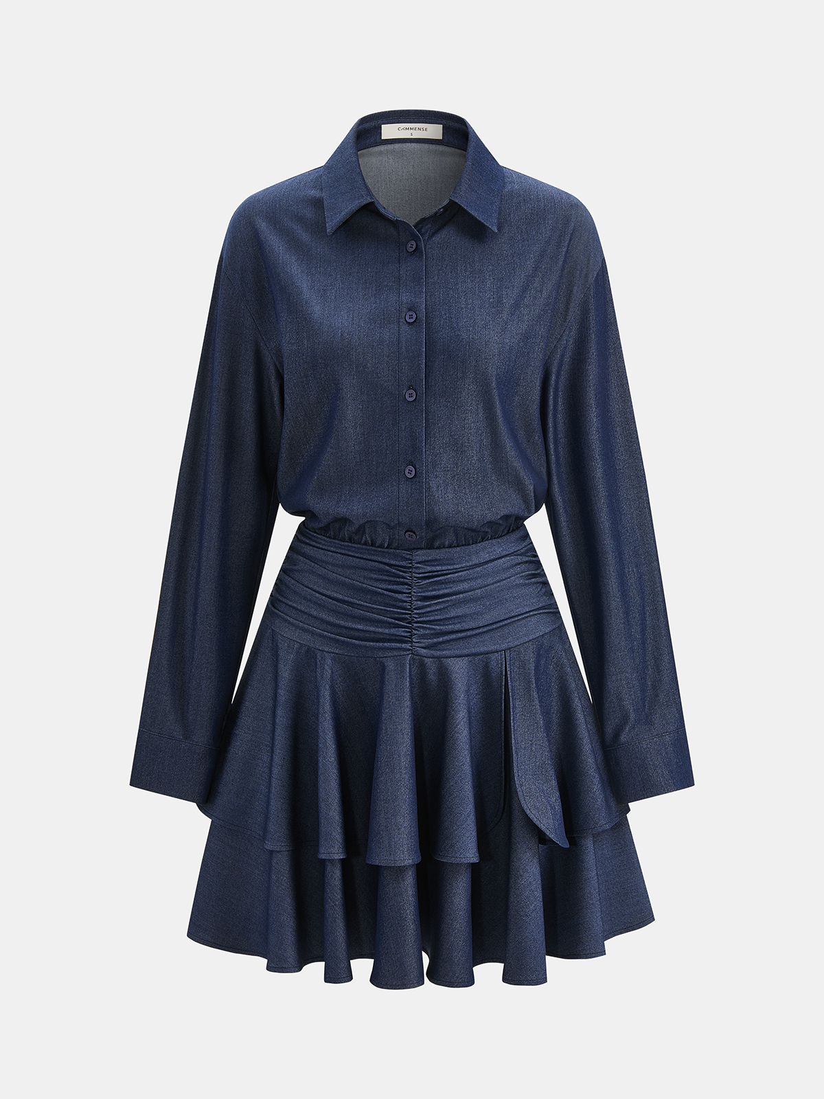 Layered Ruffle Hem Ruched Shirt Dress