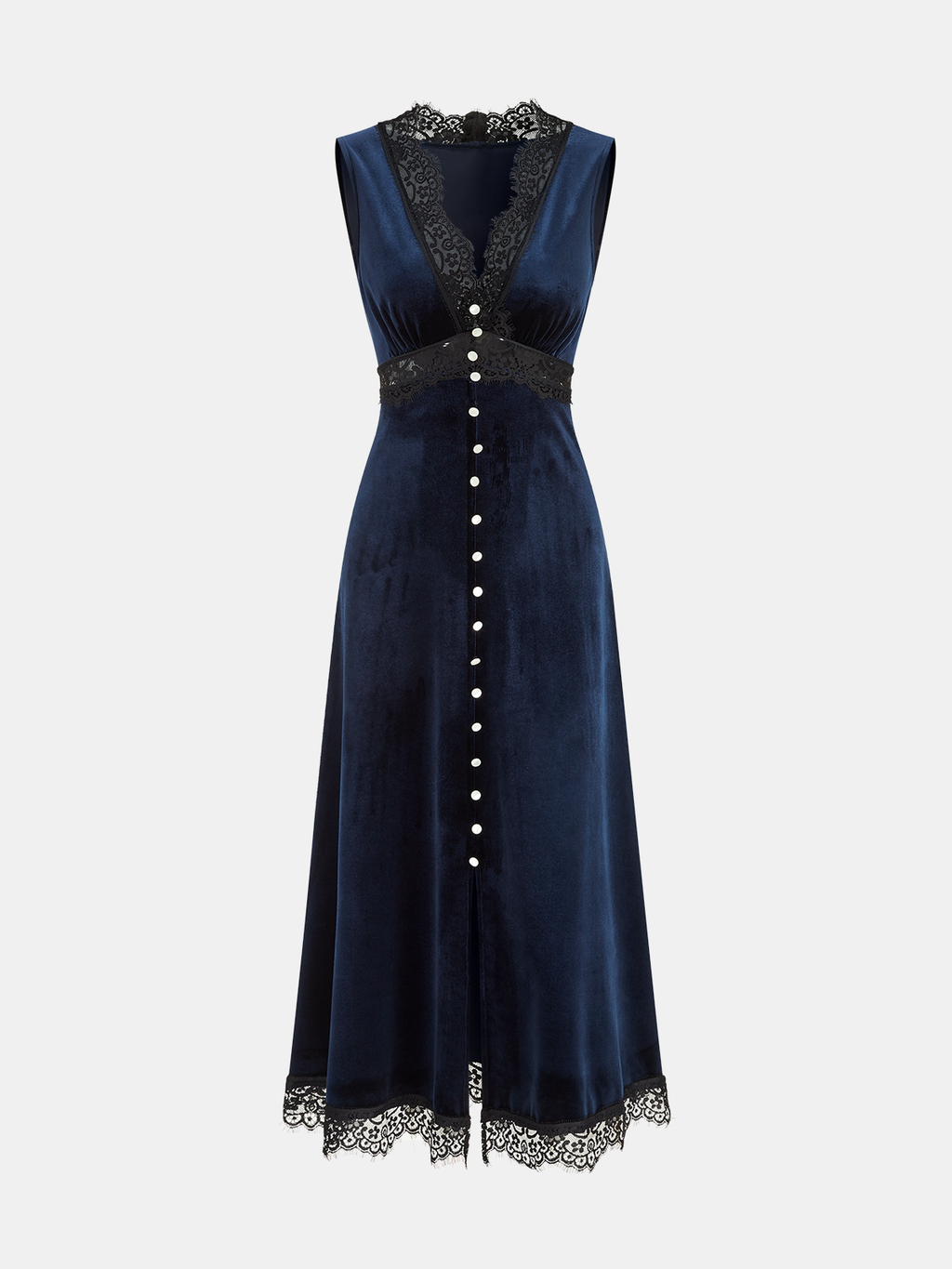 V-Neck Lace Panel Velvet Midi Dress