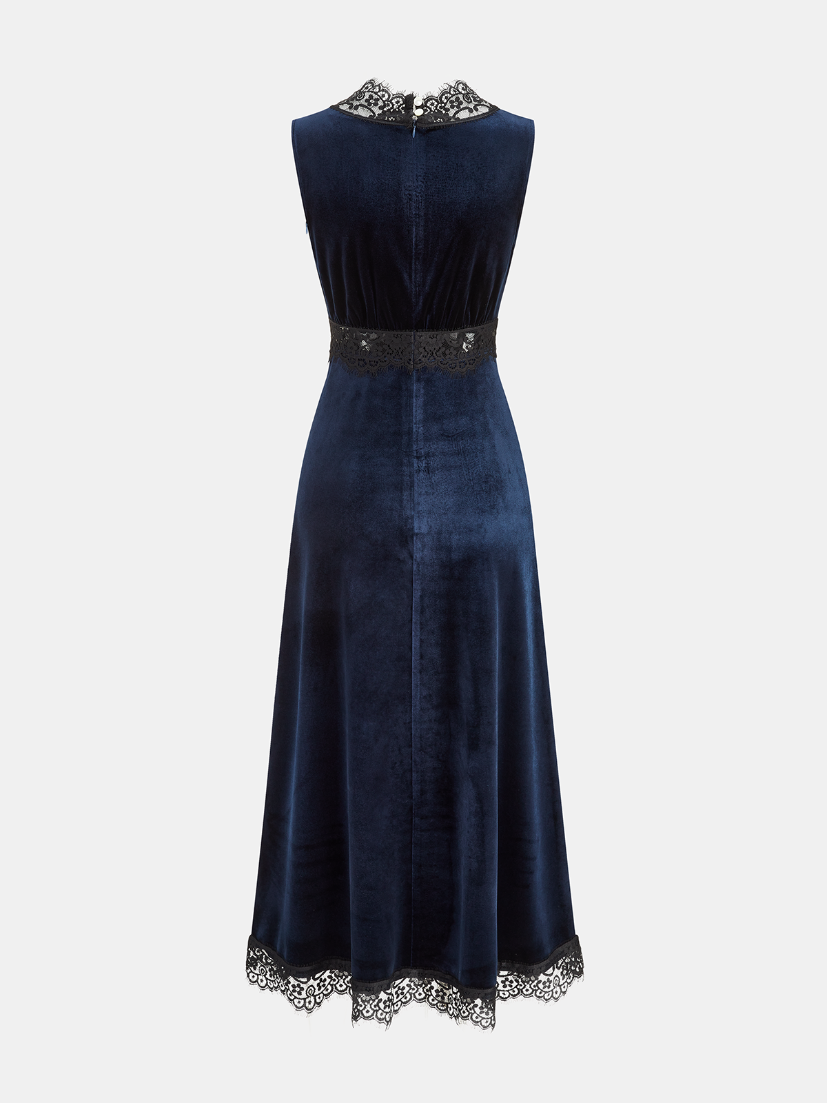 V-Neck Lace Panel Velvet Midi Dress