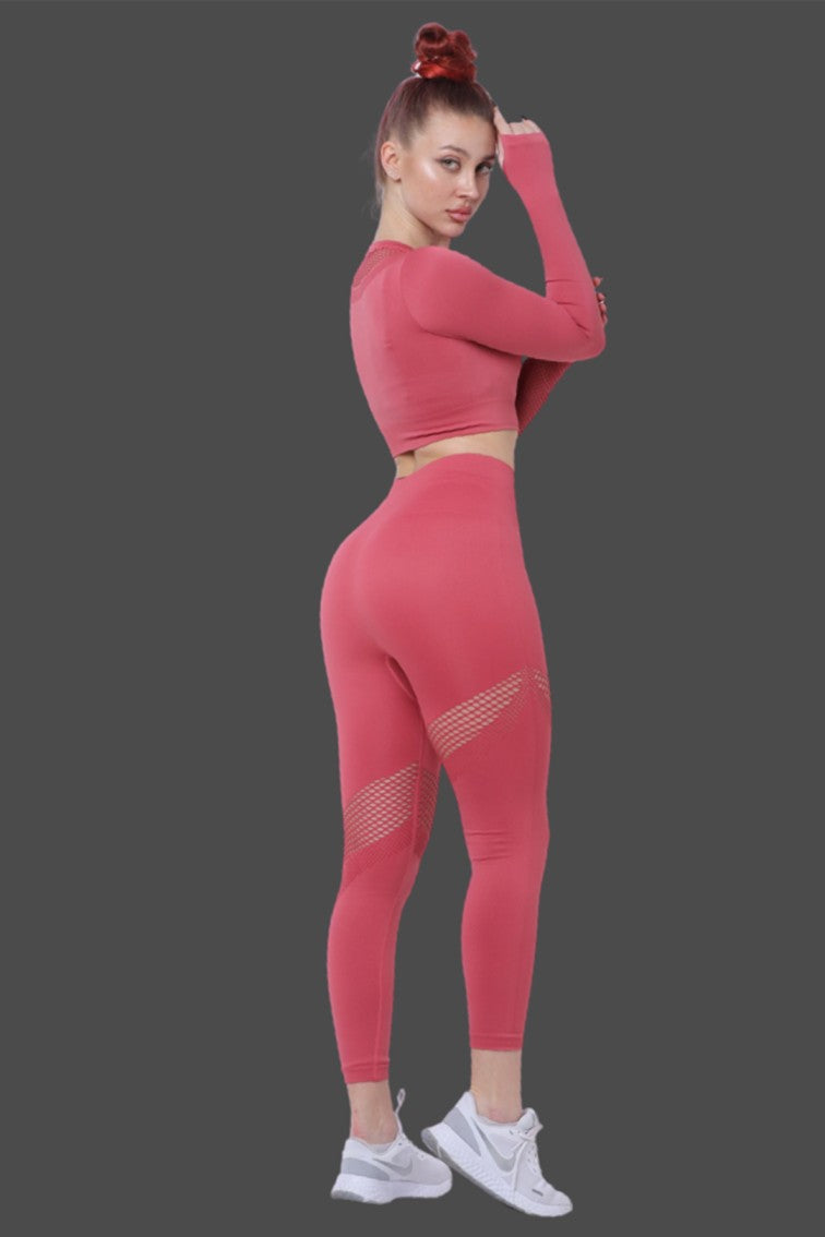 Women Seamless Workout Outfits Sport Long Sleeve And Leggings Reddish Peach