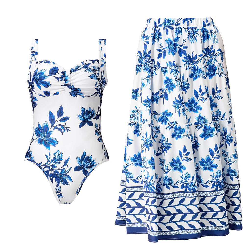 🌸 The Blue Floral Two-Piece Skirted Swimsuit – Elegance Meets Comfort