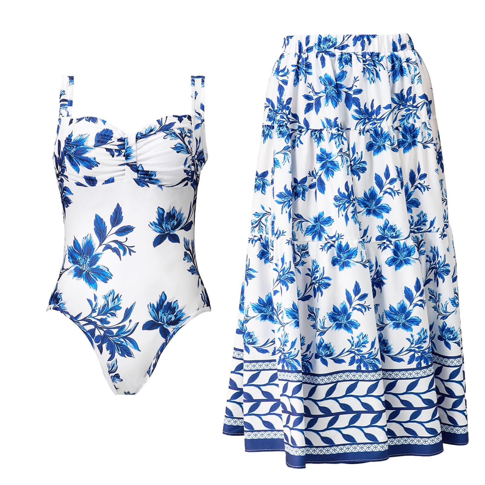 🌸 The Blue Floral Two-Piece Skirted Swimsuit – Elegance Meets Comfort