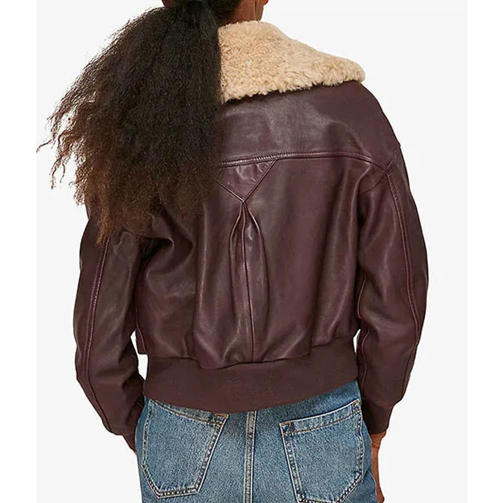 Burgundy Aviator Shearling Collar Jacket