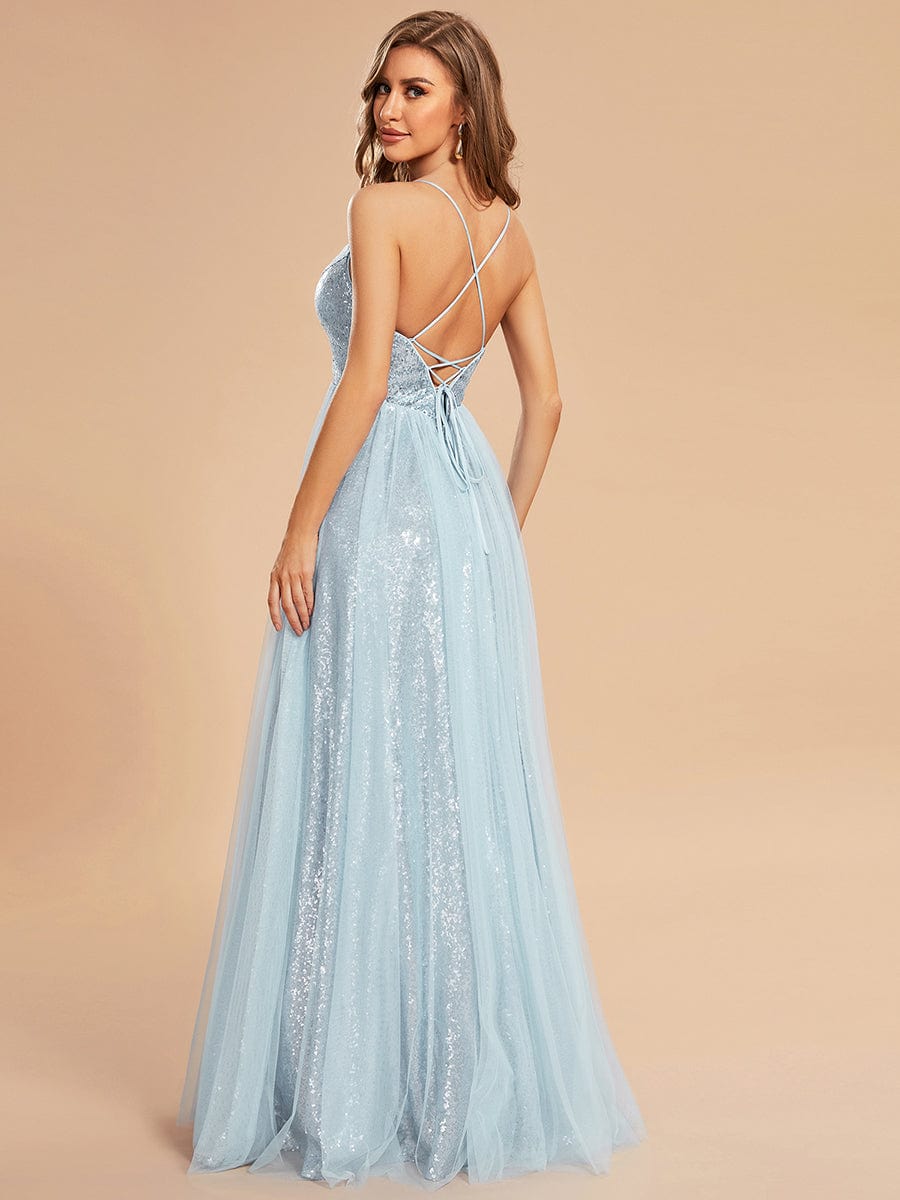 Custom Size Sparkly Spaghetti Strap A-Line Back Lace-Up Prom Dress with Tulle