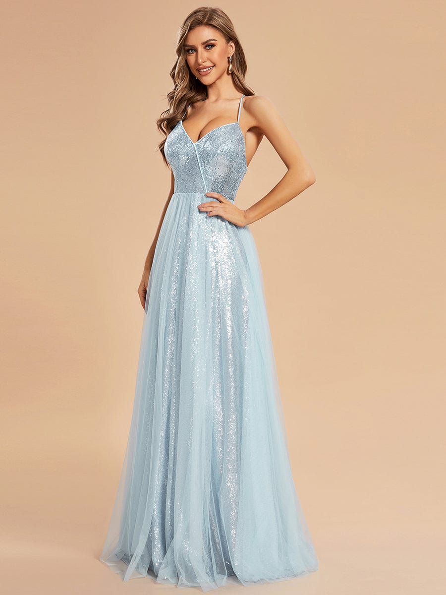 Custom Size Sparkly Spaghetti Strap A-Line Back Lace-Up Prom Dress with Tulle