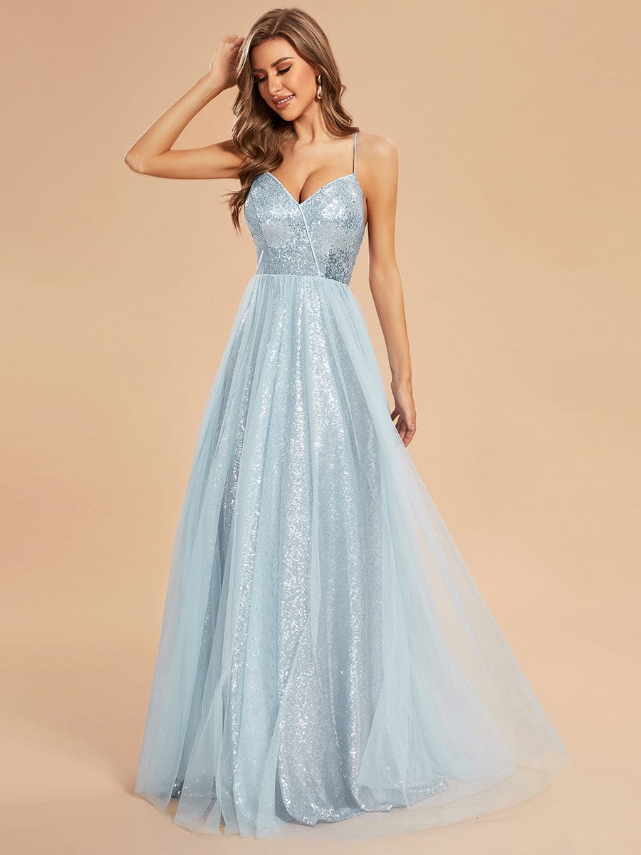 Custom Size Sparkly Spaghetti Strap A-Line Back Lace-Up Prom Dress with Tulle