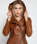 Cidra Brown Hooded Asymmetrical Zip Leather Jacket