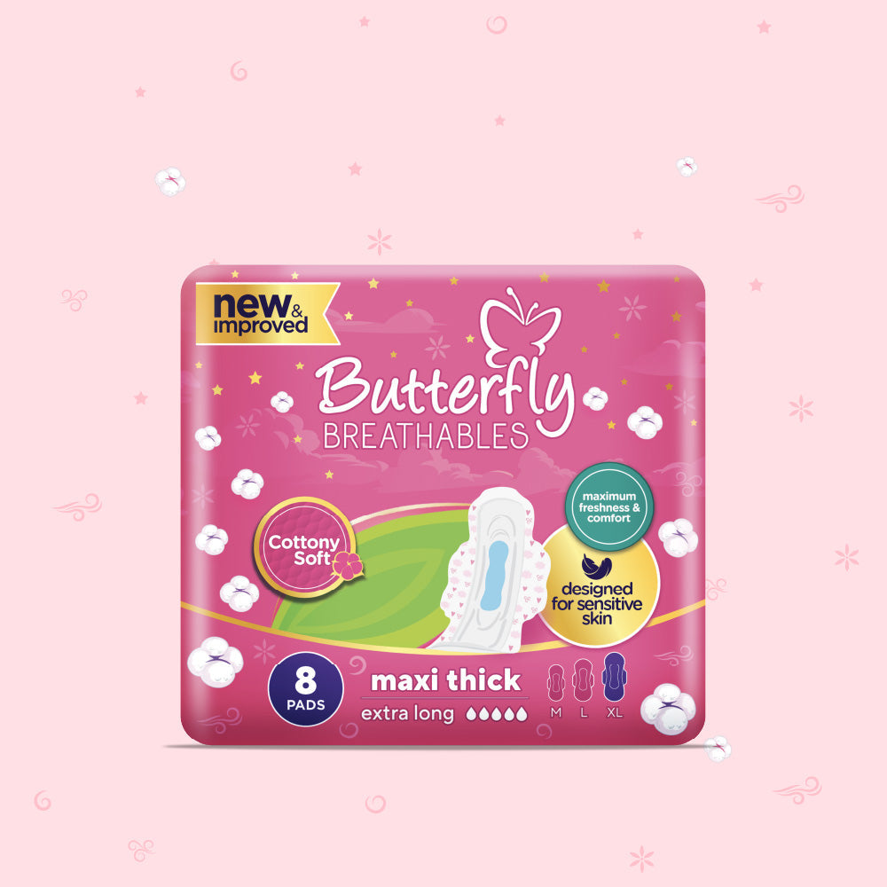 Butterfly Breathables Maxi Thick Cottony Sanitary Pads Extra Long 8 Pcs