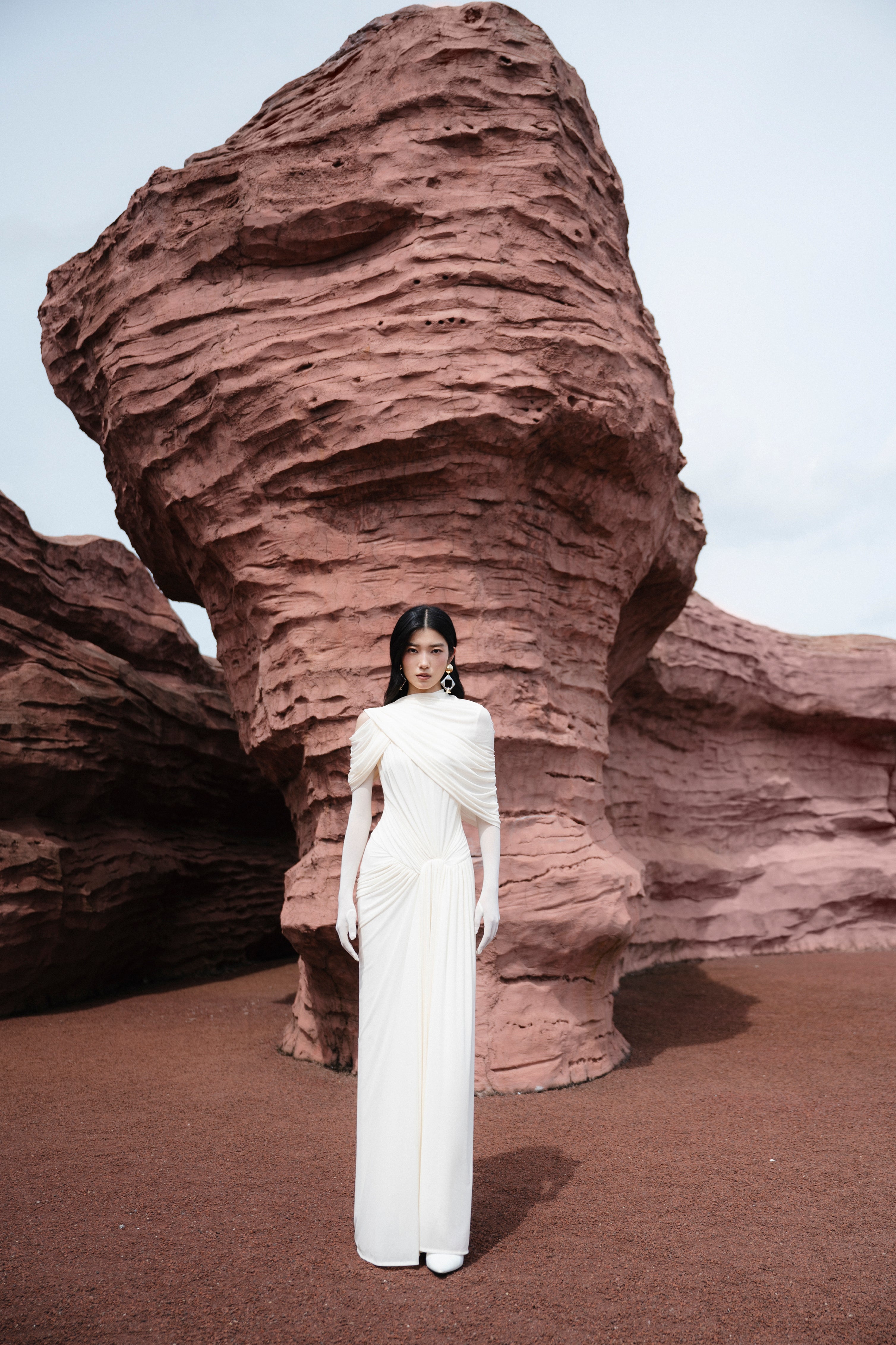 (PRE-ORDER) Draped Mesh Ruched Shoulder-Wrap Dress