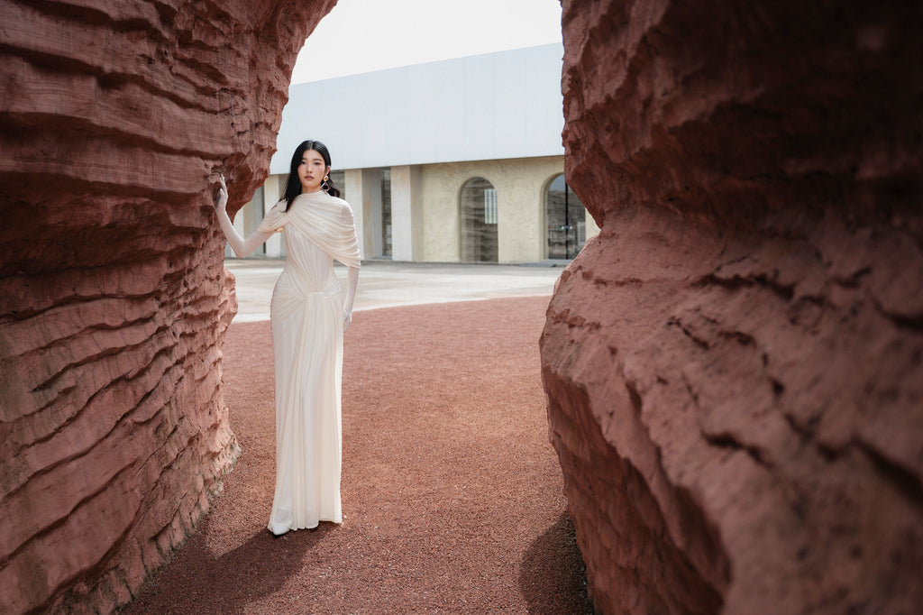 (PRE-ORDER) Draped Mesh Ruched Shoulder-Wrap Dress