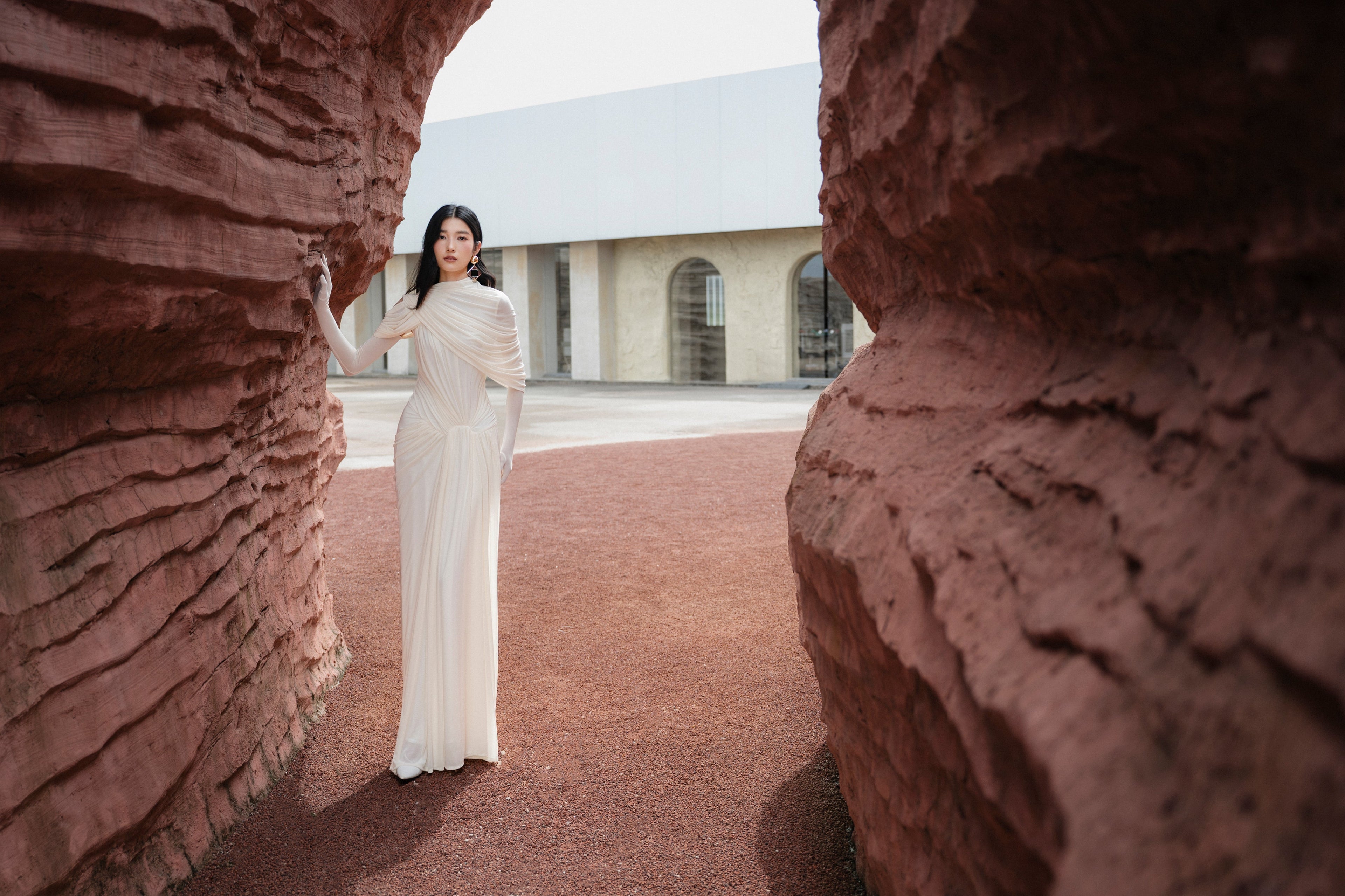 (PRE-ORDER) Draped Mesh Ruched Shoulder-Wrap Dress