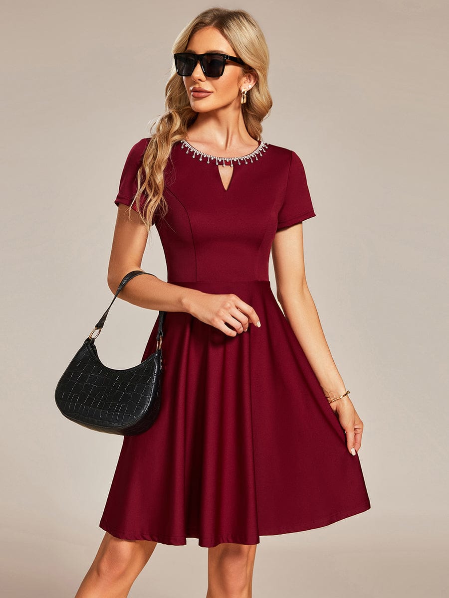 Rhinestone Neckline Short Sleeves A-Line Mini Summer  Casual Dresses