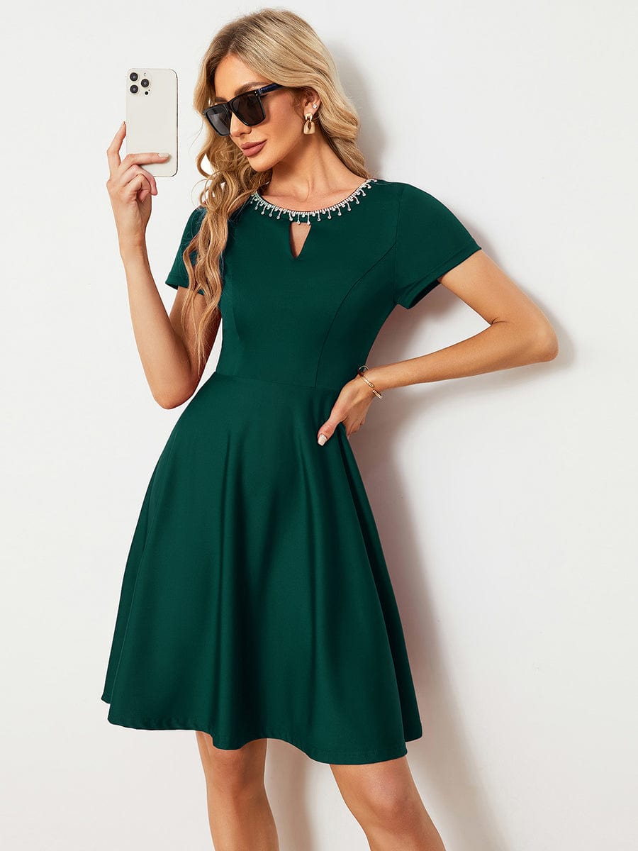 Rhinestone Neckline Short Sleeves A-Line Mini Summer  Casual Dresses