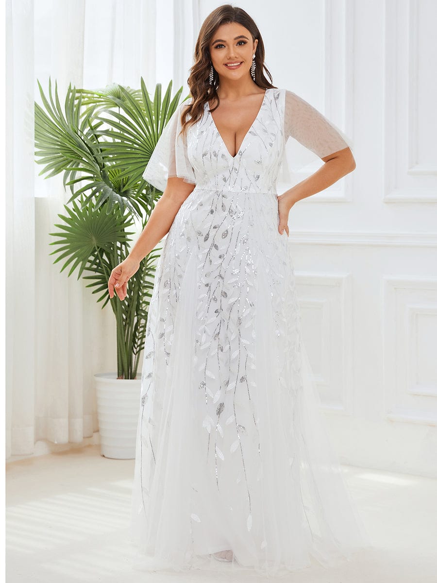 Deep V-Neck Leaf Sequin Tulle Short Sleeves Evening Dress
