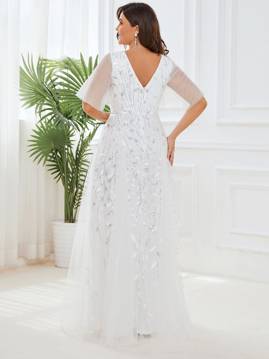 Deep V-Neck Leaf Sequin Tulle Short Sleeves Evening Dress