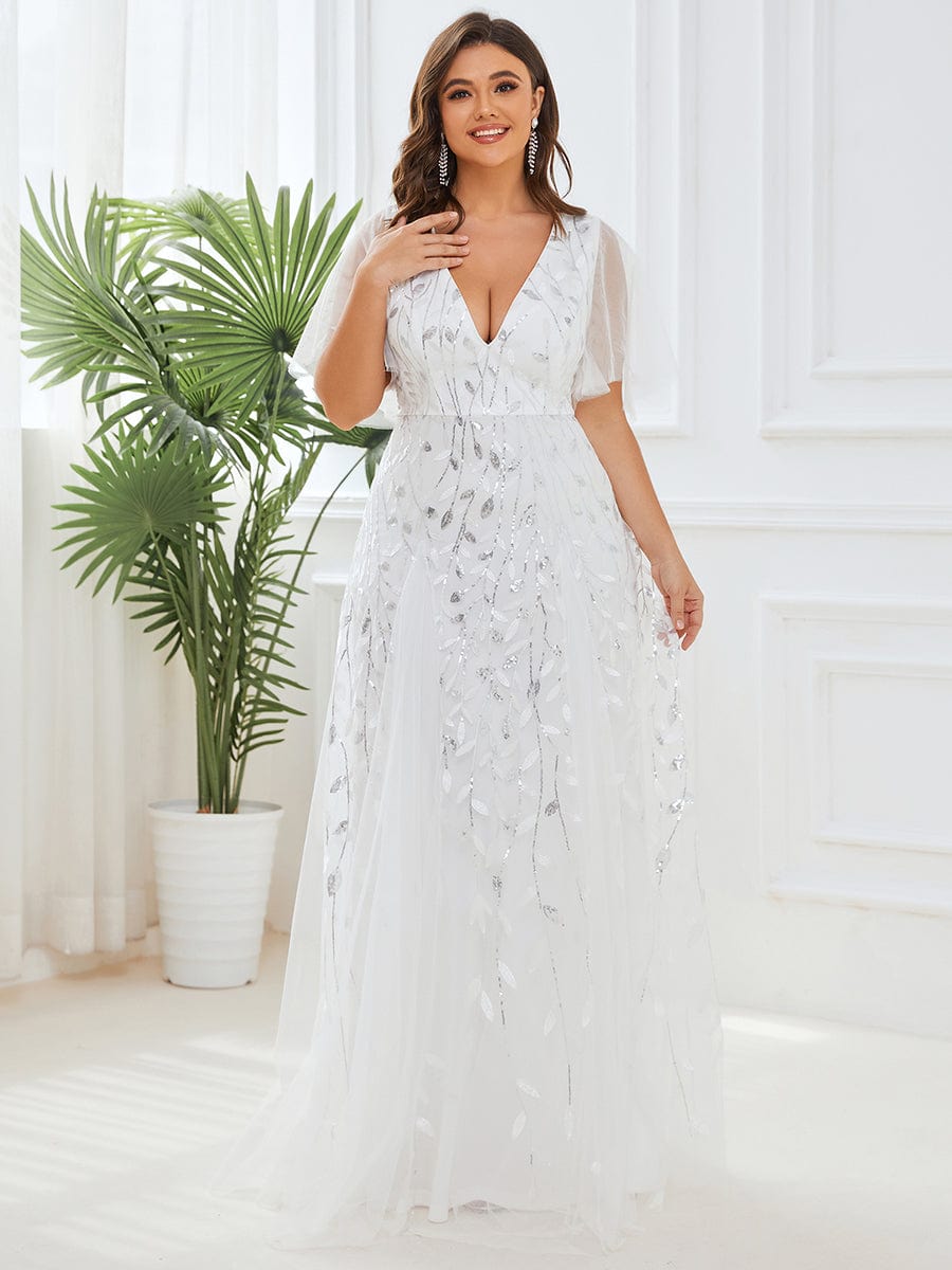 Deep V-Neck Leaf Sequin Tulle Short Sleeves Evening Dress