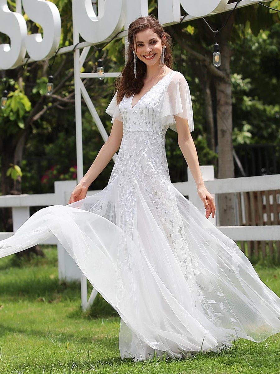 Deep V-Neck Leaf Sequin Tulle Short Sleeves Evening Dress